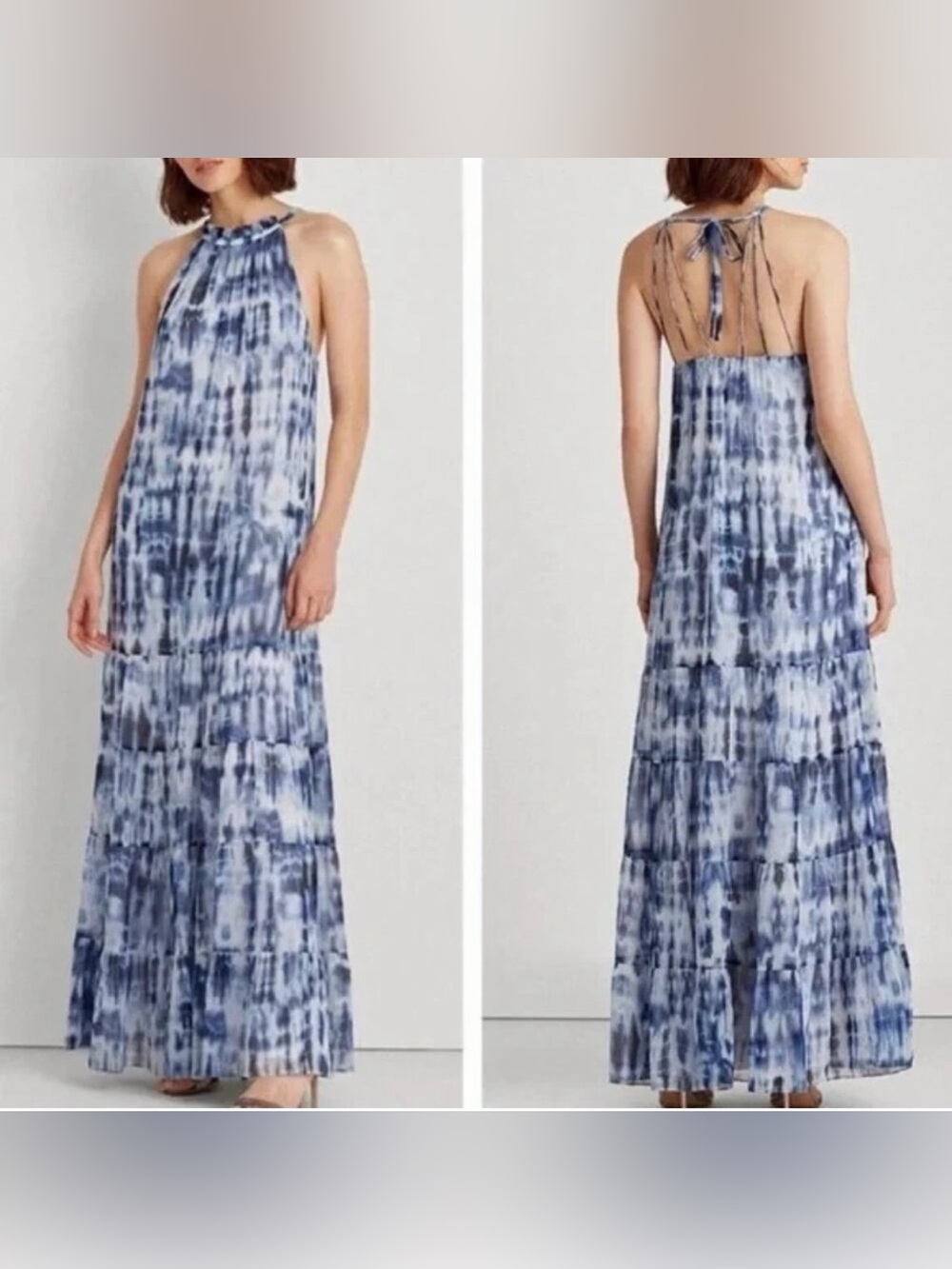 Karmina Blue and White Tie-Dye Halter Maxi Dress